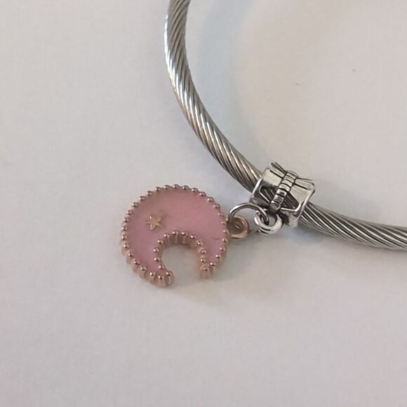 Gold with Pink Studded Moon & Star Dangle‎ Charm for Pandora Style Bracelet - Picture 2 of 4